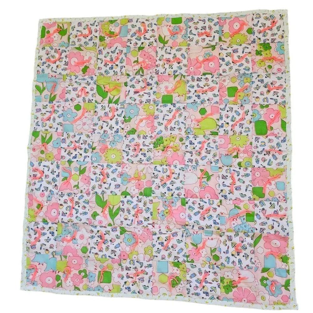 60s 70s Pink Retro Floral Patchwork Quilt Baby Girl‎ Blanket Tummy Time
